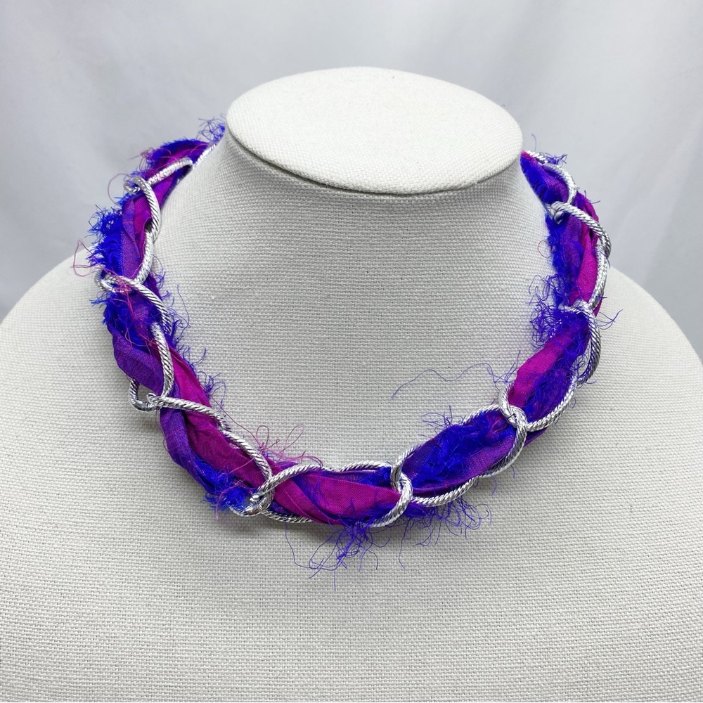 Large Silver Chain Necklace with Purple Recycled Sari Silk Ribbon NEW